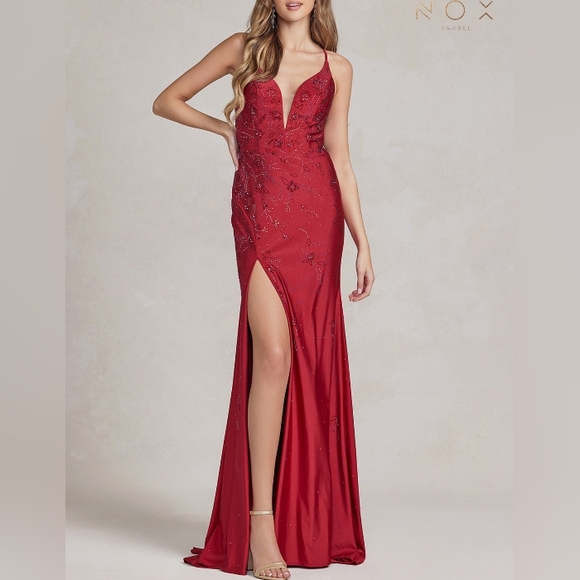 Emerald, burgundy, navy new long beaded fitted dress with open lace up back - Picture 6 of 8